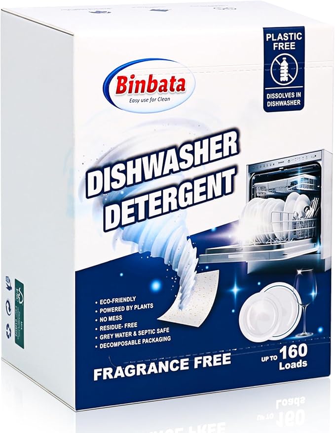 Binbata Eco Dishwasher Detergent Sheets Up To 160 Loads, Unscented Plastic Free Dishwashing Soap Strips With High Efficient Solid Enzyme, Leaving Dishes Sparkling Clean