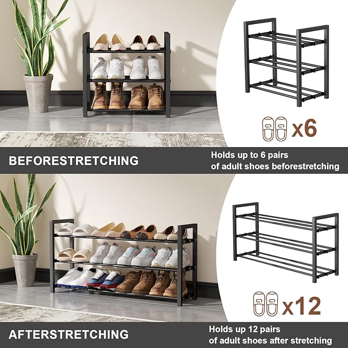 3-Tier Expandable Shoe Rack, Adjustable Shoe Shelf Storage Organizer Heavy Duty Metal Free Standing Shoe Rack for Entryway Closet Doorway (Black)