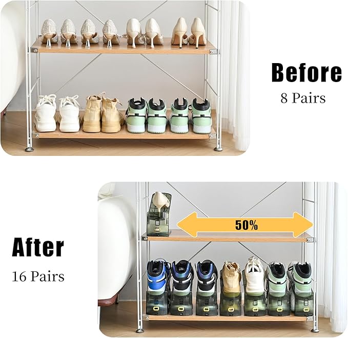 shoe slots organizer, Clear Shoe Stacker, Adjustable Level Shoe Rack,Storage Space Saver for Sneakers Display (Green Transparent, 6Pack)