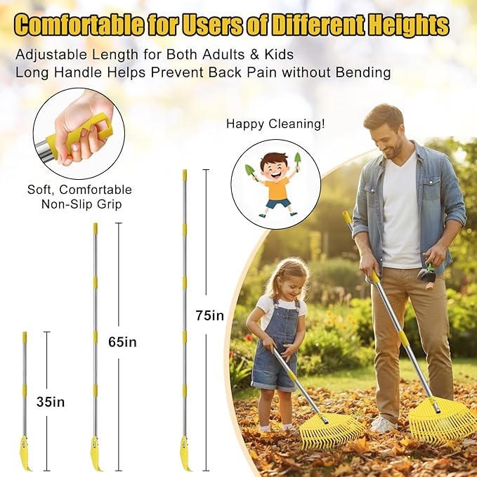 Lightweight Leaf Rake for Lawns - Anti-Break Nylon Plastic Head,Easy Yard & Garden Rake for Women,Seniors,Kids, 16.5" Wide for Leaves, Grass,Pine Needles,Gardening,Adjustable 35–65" Long Handle