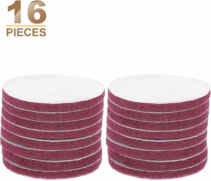 HARFINGTON 16pcs Scrubber Scouring Pads 400 Grits 5 Inch Drill Power Brush Hoop and Loop Surface Conditioning Disc Drill Scuffing Disc Scrub Pads for Home Kitchen Cleaning, Red