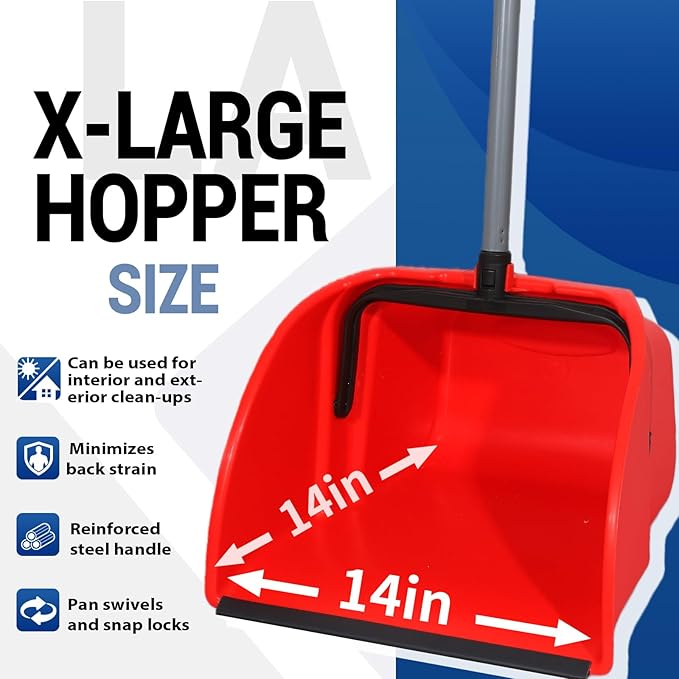 Commercial Broom and Dustpan Set, Jumbo Lobby Debris Dustpan (14inch*14inch), Heavy Duty Broom (14inch Width), 2 Sets, Red,for Indoor and Outdoor Cleaning,Red