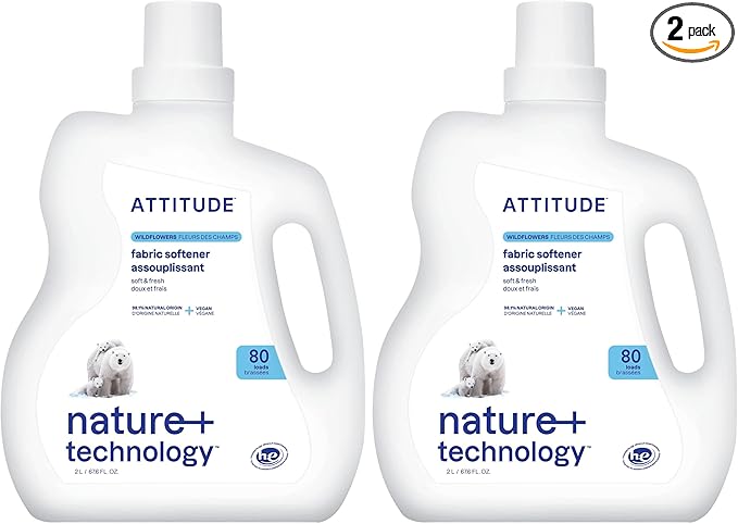 ATTITUDE Liquid Fabric Softener,Plant-Based & Vegan,HE Compatible,Naturally Derived,Wildflowers Scent,80 Loads,67.6 Fl Oz,(Pack of 2)