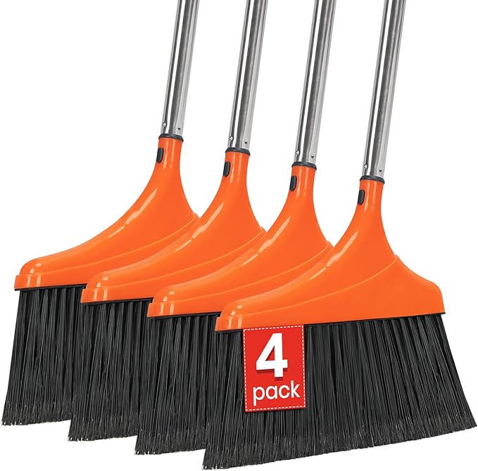4 Pack Heavy-Duty Angle Broom for Floor Cleaning with 52" Long Handle Stiff Bristle Angle Commercial and Industrial Broom, Indoor Outdoor Broom for Garage Kitchen Office Lobby Patio