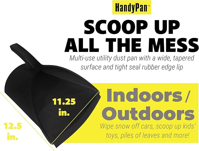 HandyPan Heavy Duty Dustpan, Black - Large Dust Pan Made in the USA with Tight Seal Lip to Keep Dust, Dirt, Debris In-Great for Home, Shop, Garage, Use-Stackable, Standing Dustpan for Wet or Dry Tasks