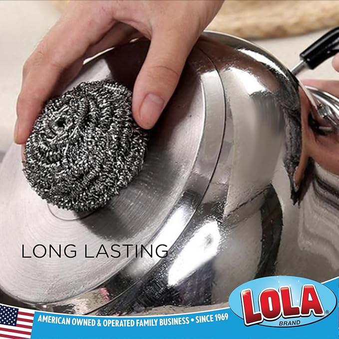 Stainless Steel Wool Scourer -Jumbo Sized- 2 Pack, 35 Grams, by LOLA, Curled Flat Wire, Cleans Caked On & Baked On Messes on Cookware