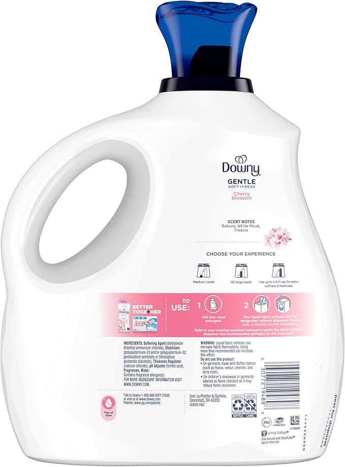 Downy Gentle Soft + Fresh Fabric Softener Liquid, Cherry Blossom Scent, 93 FL OZ, 138 loads, Liquid Fabric Softener Designed to be Gentle on Skin