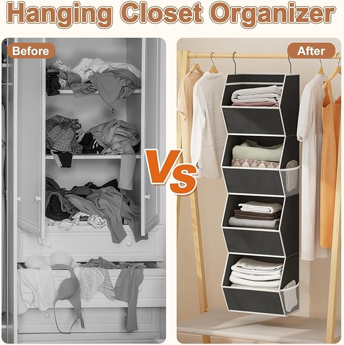 Hanging Closet Organizer 4 Shelf Collapsible Bedroom Closet Organizers and Storage Hanging with Mesh Pocket for Clothes, Closet Hanging Organizers and Storage for Fabric Wardrobe Space Saver, Black