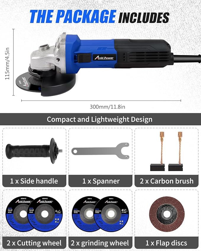 AVID POWER Angle Grinder, 7.5-Amp 4-1/2 inch Electric Grinder Power Tools with Grinding Wheels, Cutting Wheels, Flap Disc and Auxiliary Handle for Cutting, Grinding, Polishing and Rust Removal - Blue