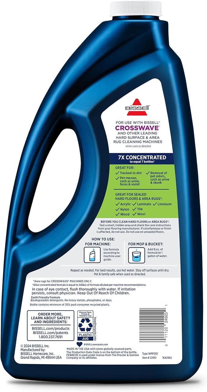 Bissell Multi-Surface Pet Formula with Febreze Freshness,22951,64 Fl Oz,Use on Sealed Hard Floors,and Area Rugs,Removes Tough Messes,Febreze Freshness,(Pack of 2)