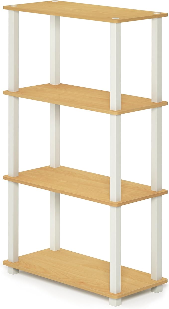 Furinno TURN-S-TUBE Storage Shelves, 4-Tier Book Shelf, Corner Shelf, Toolless Open Shelves, for Organization and Storage, Living Room, Garage, Home Office, Beech