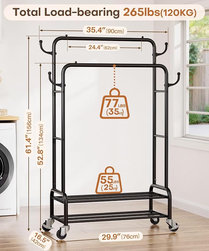 Homde Heavy Duty Clothes Rack: 265lb Rolling Double Rod Garment Hanging - Metal Coat Organizer Storage Display Shelf on Wheels for Bedroom Laundry
