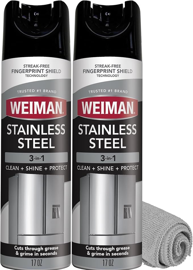 Weiman Stainless Steel Cleaner & Polish, 2 Pack Aerosol, Anti Fingerprint Spray Stainless Steel Cloth, Water Spots & Grease, No Streaks or Residue, Safe for Metal Polish, Chrome, Appliances & Sinks