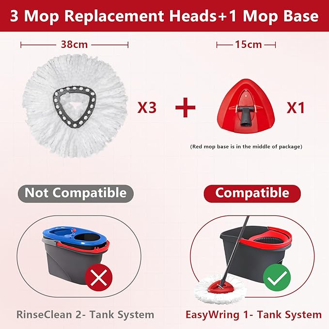 Easywring 1-Tank System,Mop Replacement Heads for O-Ceda Replace , Spin Mop Heads Replacements, Microfiber Spin Mop Refills, Easy Cleaning Head Replacement (1 Base+3pcs White)