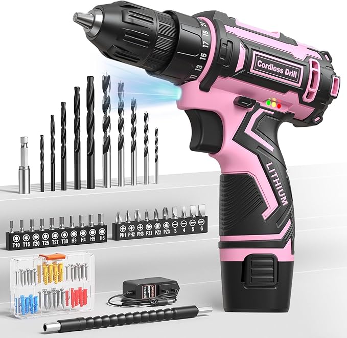 Pink Cordless Drill Set, Electric Power Drill for Women, Lightweight Electric Screwdriver Driver with Battery & Charger, 3/8" Keyless Chuck, Womens Tool Kit for Home DIY Projects