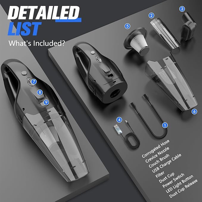 Handheld Vacuum Cordless Rechargeable with LED Light, Car Vacuum Portable Cordless, Hand Vacuum Cleaner Car Seats, Home, Quick Cleanup, Strong Suction, Lightweight, Includes Crevice Nozzle & Brush