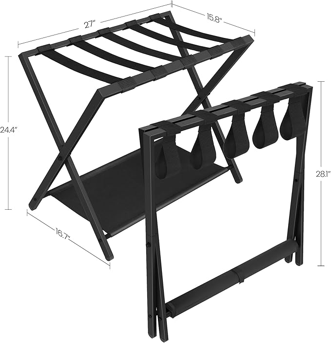 Hzuaneri Luggage Rack, Folding Suitcase Stand for Guest, Foldable, Luggage Holders with Shelf, Steel Frame with Nylon Straps for Bedroom, Hotel, Holds up to 154 lb, Black, 1 Pack LR03801B