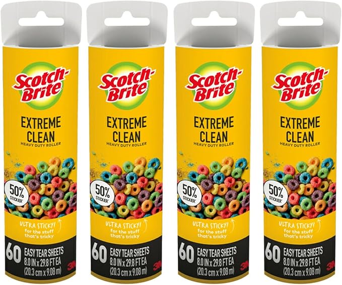 Scotch-Brite Extreme Clean Large Lint Roller Refills, 50% Stickier*, Heavy Duty for Removing Debris and Pet Hair on Clothes, Furniture, Cars, Offices & More, 4 Pack, 240 Adhesive Sheets Total