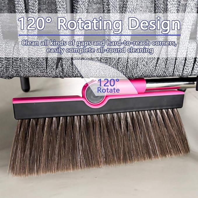 Triangular Indoor Broom and Dustpan Comb Set, 180° Rotating, Soft Bristle Long Handle Upright Sweeping Angled Broom with Self-Cleaning Teeth for Home, Kitchen, Office, Wood Floor (Black Pink)