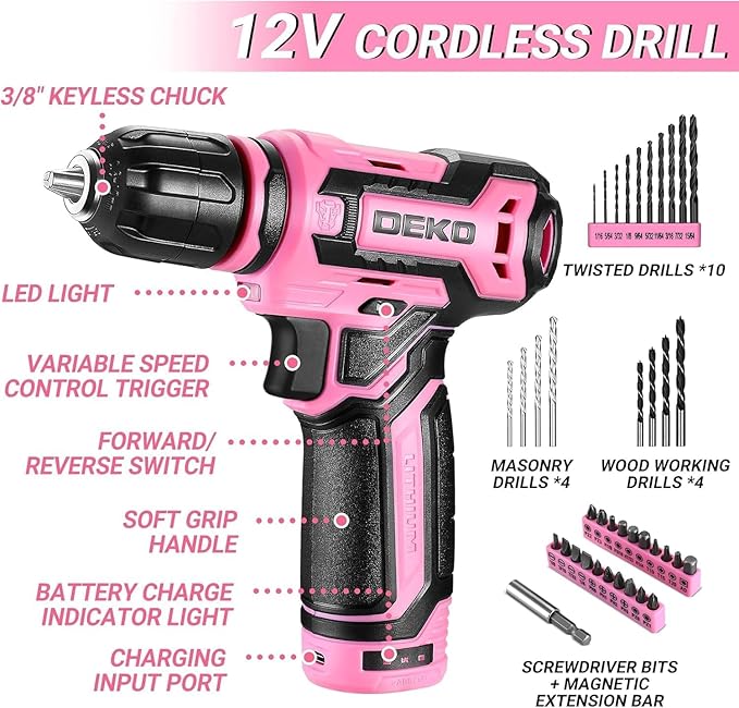 Pink Drill Tool Set Kit DEKOPRO Power Cordless Drill Tool Box with 12V Electric Pink Drill Driver Set for Women Home Hand Repair Tools Sets Drills Case