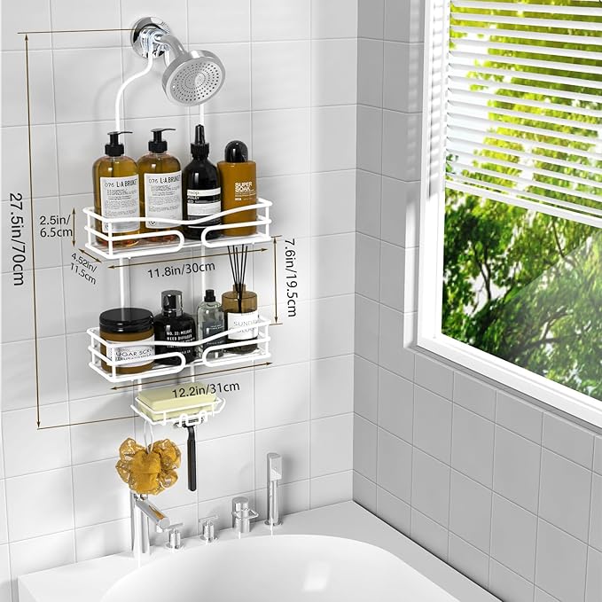 DAOYA Over Head Shower Caddy - Bathroom Shower Organizer with Soap Holder & 6 Hooks for Towels, White, 76L Capacity, Hanging Mount, Rust Resistant