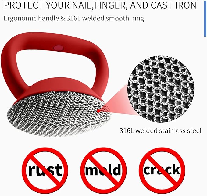 Cast Iron Cleaner Scrubber+Tray with Handle, Welded Chainmail Scrubber for Pan Pot Grill Oven Wok Cleaning- Small Ring Chain Scrub Metal Scraper Brush Iron Skillet Steel Wool Scrubber Steel Sponge