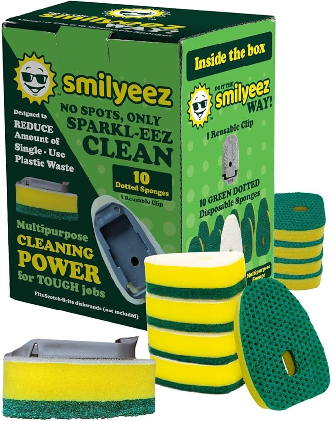 Smilyeez No Plastic Heavy Duty Green Dotted Sponge Refill (10 Pack) for Scotch Brite's Dishwand Refills with Adapter