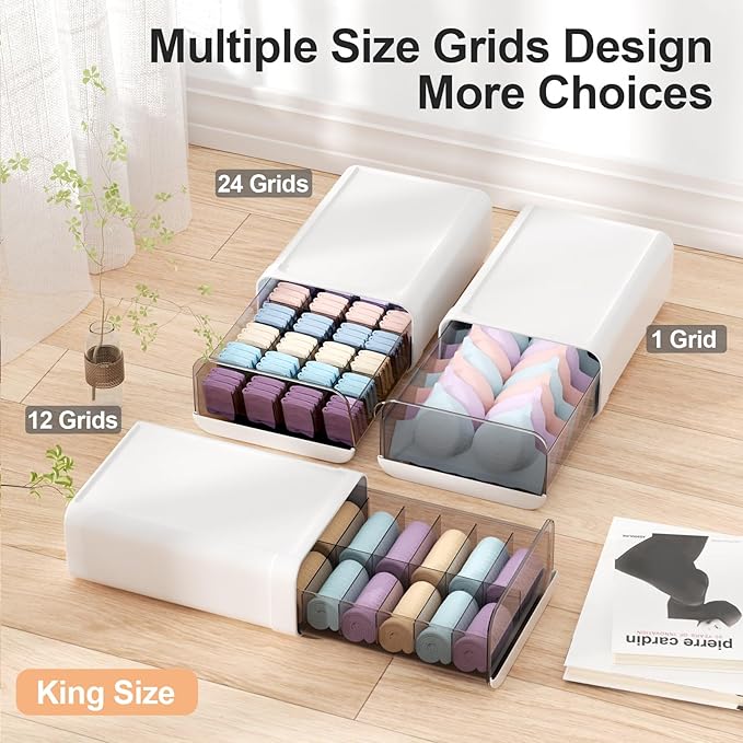 Underwear Organizer Drawer, 24 Cells Plastic Sock Underwear Storage Drawer, Stackable Closet Organizers and Storage Box for Bras, Socks, Scarves, Ties, Belt (King Size-White, 1 Pcs)