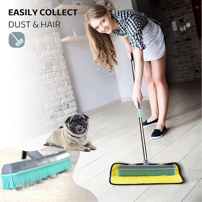 Pet Carpet Hair Rubber Broom with 49inch Long Handle, Portable Detailing Lint Remover, Soft Push Broom for Fluff Carpet, Hardwood, Tile, Window