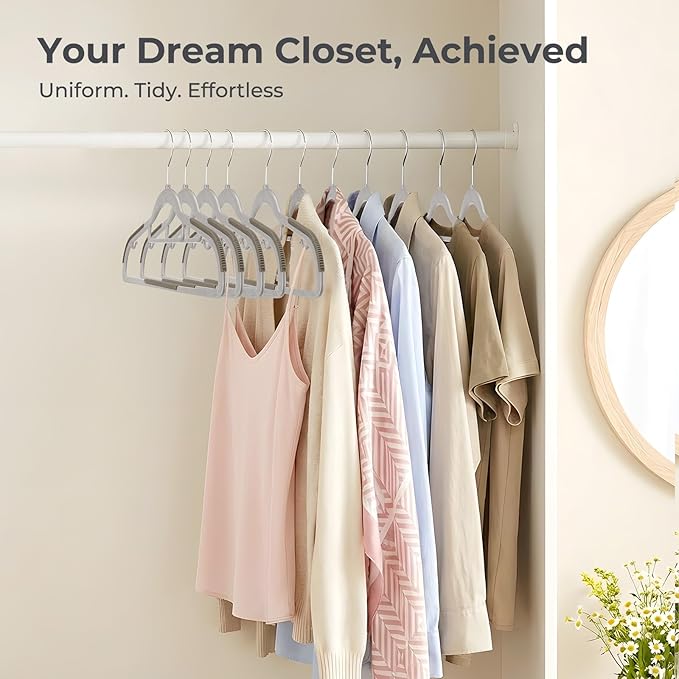 HOUSE DAY Plastic Hangers 100 Pack, Grey Clothes Hangers Non Slip with Rubber Grip, Heavy Duty Hanger with 360º Swivel Metal Hook, Ultra Thin Hanger Space Saving for Closet Organizer