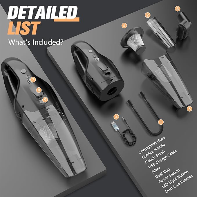 BSRCO Hand Vacuum Powerful Suction, Hand held Vacuum Cordless Rechargeable with LED