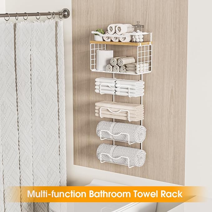 Towel Racks for Bathroom,Towel Rack Wall Mounted, 6 Tier Rolled Or Folded Towel Holder with Floating Shelves, Bathroom Towel Holder for Bath, Hand Towels,White,Walnut Wood Panel