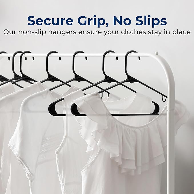 SereneLife Plastic Hangers 200 pcs, Non-Slip Heavy Duty Clothes Hanger Set with 360° Swivel Hook, Smooth Finish to Protect Fabric, Lightweight, Ultra-Thin Hangers for Coats and Other Clothes (Black)