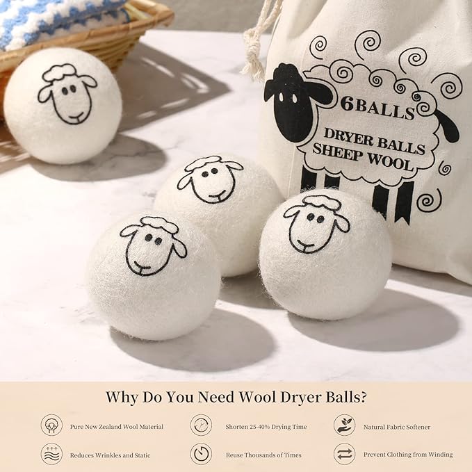 Dryer Balls Laundry Reusable - XL Wool Dryer Balls - Handmade Cute, Extra Large Dryer Balls, Shorten Drying Time, Organic Wool - Dry 1000+ Loads (6 Pack Sheep Pattern)
