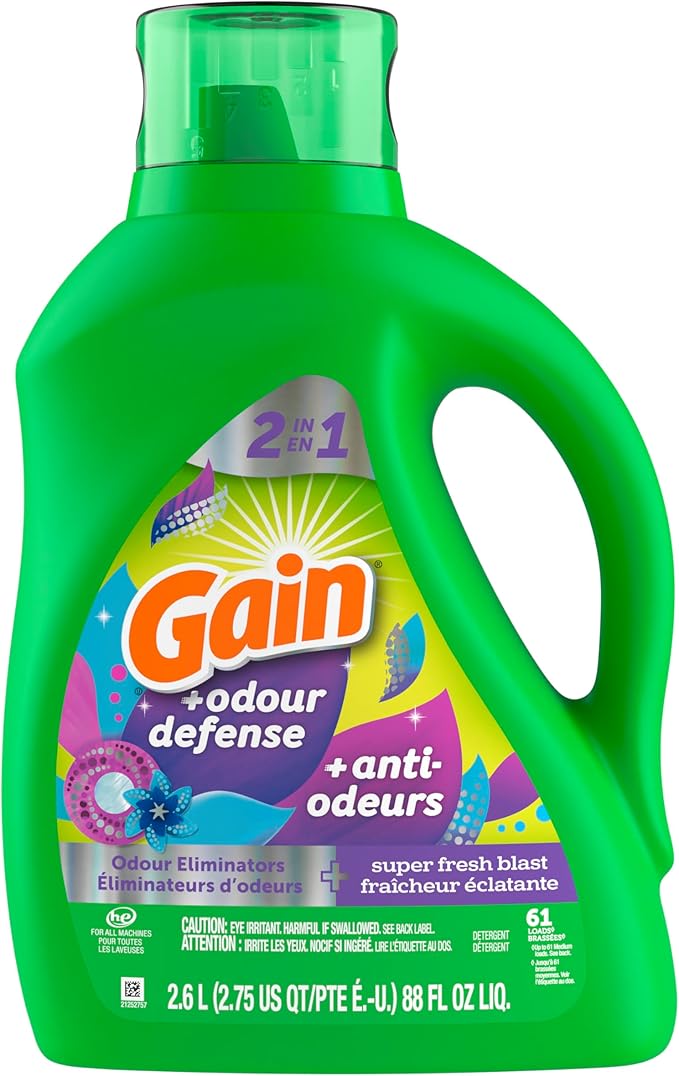 Gain Odor Defense Liquid Laundry Detergent, Super Fresh Blast Scent, 88 fl oz, 61 loads, 2 in 1, Laundry Detergent Liquid Soap, HE compatible