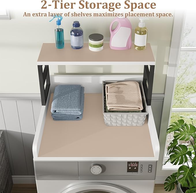 Washer Dryer Countertop with Shelf, 27.5″D x 27.5″W x 16.7″H, Countertop for Washer and Dryer Top with Non-Slip Pads and Edge Rails, Laundry Room Storage and Organization(White)