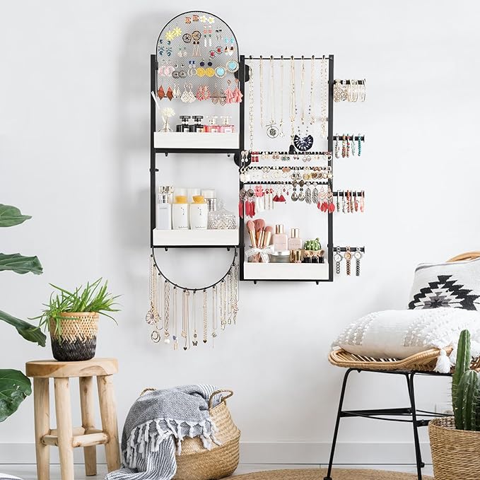 Keebofly Wall Mount Hanging Jewelry Organizer - Large Display Holder for Earrings, Rings, Necklaces, Bracelets, Watches and Perfume - White