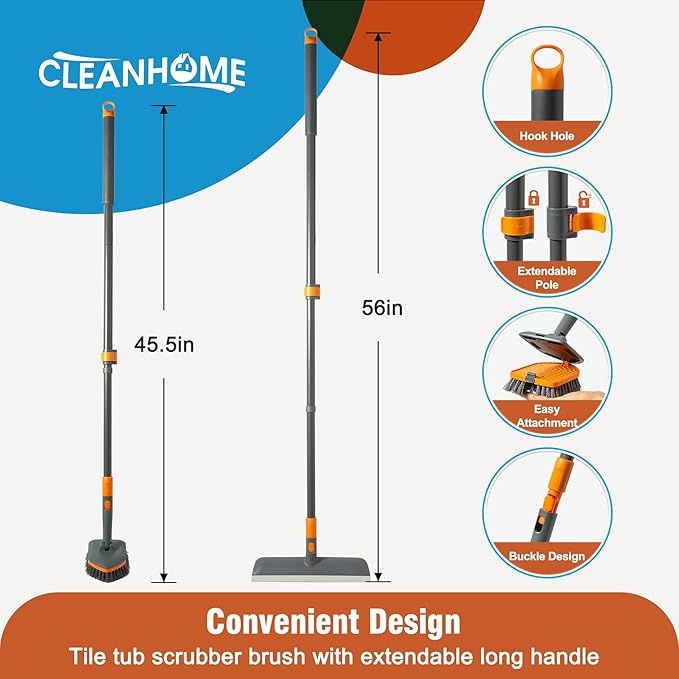 Floor Scrub Brush Tile Tub Scrubber Brush with 4 Different Cleaning Heads, Shower Brush with 56” Extendable Long Handle, Scrubbers for Cleaning Kitchen, Bathroom, Tub, Tile, Wall