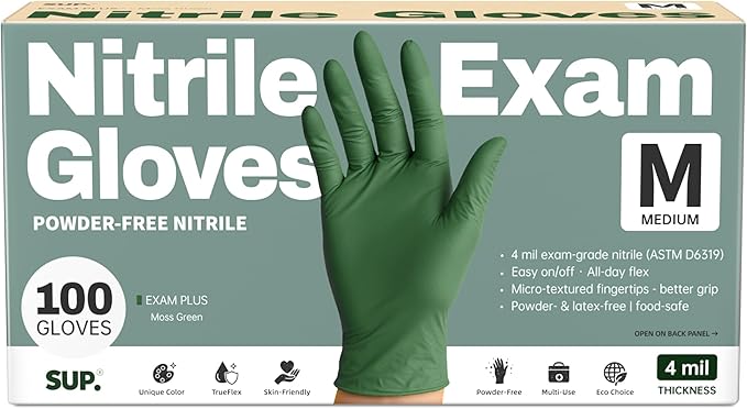 SUP Disposable Nitrile Gloves, Powder-Free Latex-Free Food Safe Cooking Home Cleaning Non-Sterile Glove, Moss Green, 100 Ct