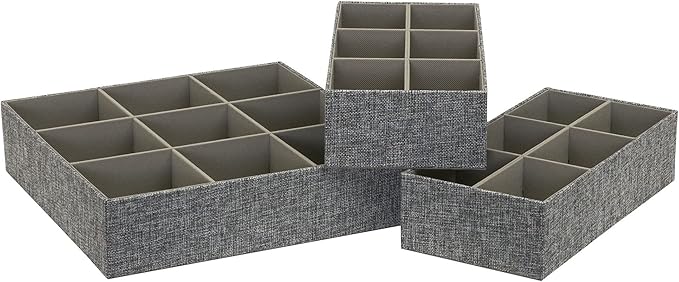 Household Essentials 3 Piece Drawer Organizers Starter Set, Customizable Inserts, Large Tray and 2 Small Trays, Graphite