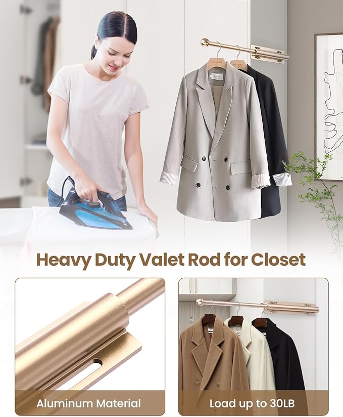 Supforce 16.5" Valet Rod for Closet Pull Out, Retractable Slide Out Valet Rod Closet Organization, Aluminum Valet Clothing Hanger Rods Perfect for Suits, Dresses & Freshly Pressed Clothes, Gold