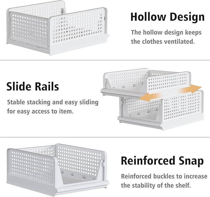 Proarea 5 Pack Stackable Plastic Storage Basket Closet Organizer Bin Foldable Clothes Organizer Storage Drawer Shelf Container for Living room Bathroom Kitchen Office (3L+2S), White, YG-3L2S