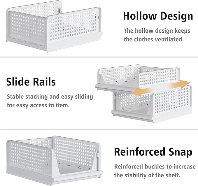 Proarea 5 Pack Stackable Storage Bins, Closet Organizers and Storage, Foldable Closet Organizer Baskets for Clothes, Plastic Drawer Bins for Closet Organization, Wardrobe Shelf, Laundry Room, White