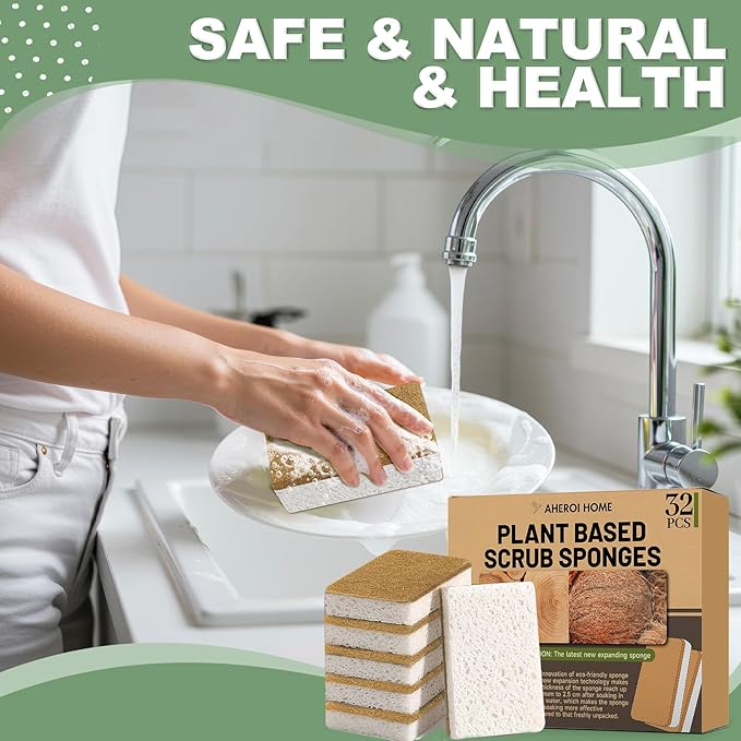 Aheroi Natural Dish Sponge, 32 Count FSC Certified Plant-Based Biodegradable Compostable Kitchen Sponges for Dishes Bulk, Organic Eco Friendly Cleaning Sponge for Bathroom, Household, Non Scratch