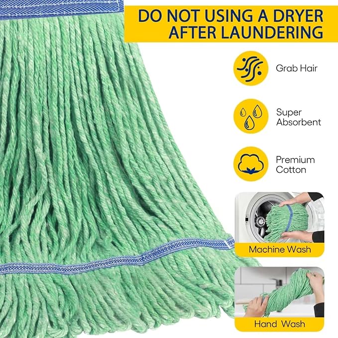 Matthew Cleaning Heavy Duty Mop Head Commercial Replacement for General and Floor Cleaning , Wet Industrial Blue Cotton Looped End String Head Refill (Pack of 3) Green