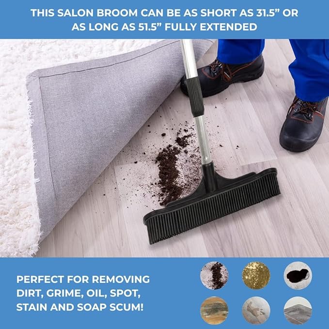 ForPro Extendable Salon Broom, Non-Scratch Rubber Bristles, Aluminum Handle Adjustable to 51.5”, Ideal for Pet Hair, Lint, Dust, Dirt, Black