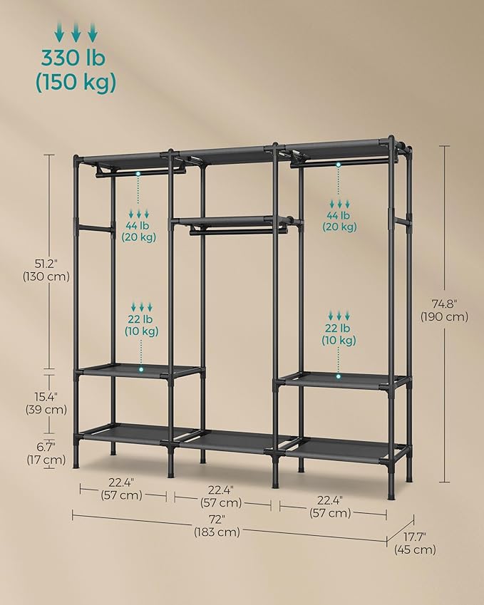 SONGMICS Clothes Rack,72 Inch Large Capacity Portable Closet, Heavy Duty Wardrobe Closet Organizer with Hanging Rails and Shelves, Total Load 330 lb, Easy Assembly, for Bedroom, Black URDR211B01