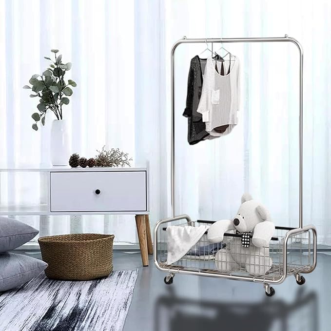 AUGMIRR Garment Rack With Storage Baskets,Clothing Rack for Hanging Clothes, Multi-functional Bedroom Clothes Rack with Wheels for Bedroom, Living Room, Easy Assembly (24inch length)