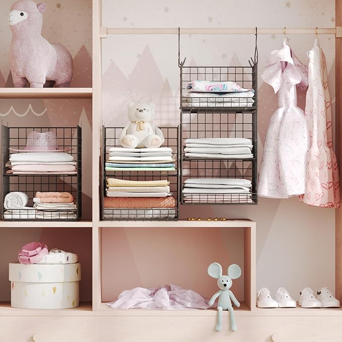 Yuyetuyo 5 Tier Closet Hanging Organizer and Storage Separable Hanging Closet Shelves with 4 Hooks 2 Adjustable Dividers, Wire Storage Basket Bins for Clothing Sweaters Socks Dolls Handbags, Foldable
