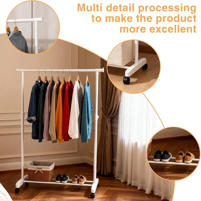 Clothing Drying Rack with Wheels, Standard Rod Simple Rolling Metal Laundry Rack Organizer, 34 Inch Wide with Bottom Shelf for Hanging Clothes Coats Skirts,White